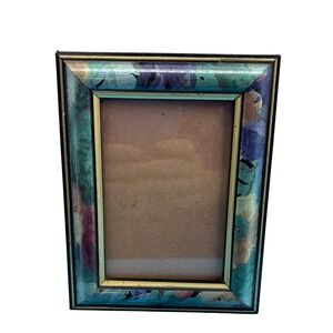 Vintage 1980s Teal Floral Picture Frame 4x6 Impressionist Lacquer Gold Trim